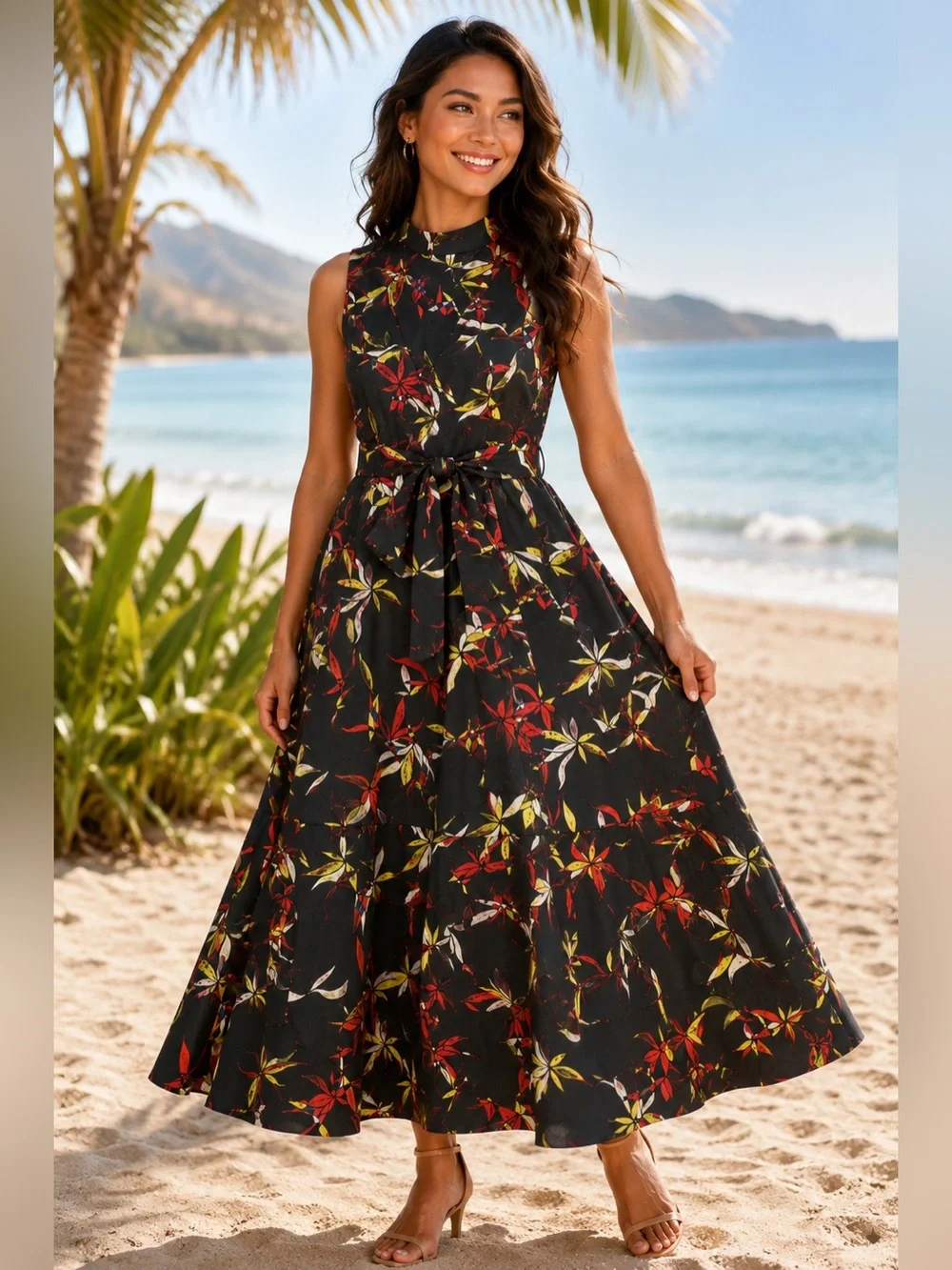 Rachel Roy Sleeveless Floral Midi Dress w/ Tie Back Dark Gray Size XL